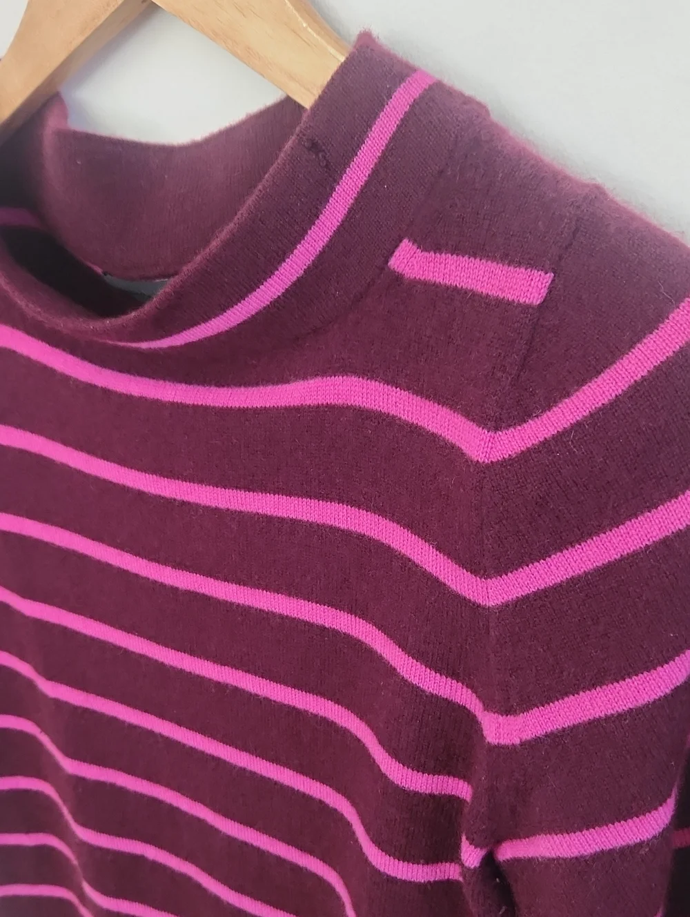 J. Crew Italian Cashmere Burgundy and Pink Striped Crewneck Sweater Small